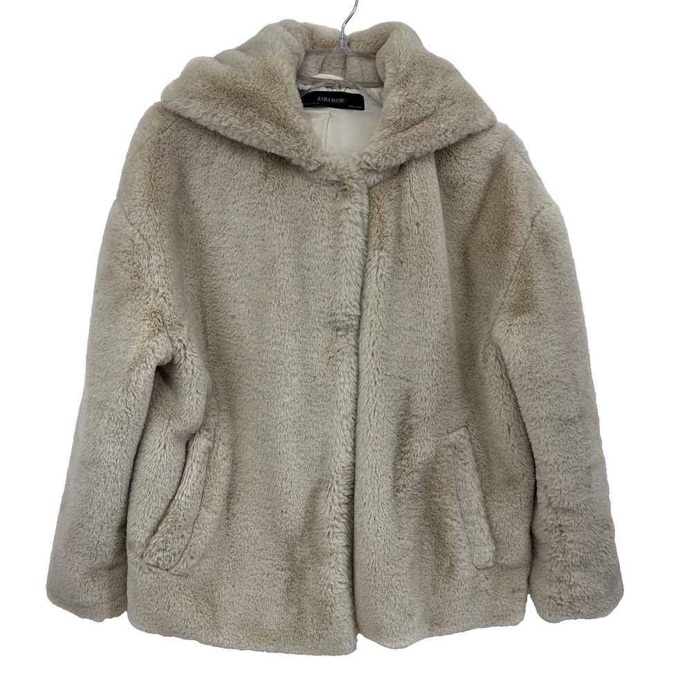 ZARA Basic Women's Size S Faux Fur Teddy Plush Oversized Hooded Jacket Tan
